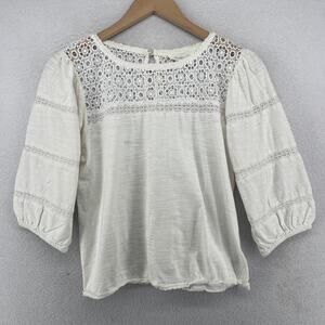 SHABBY CHIC Top M Crochet Lace Trim Balloon Sleeve Slub Jersey Cotton White